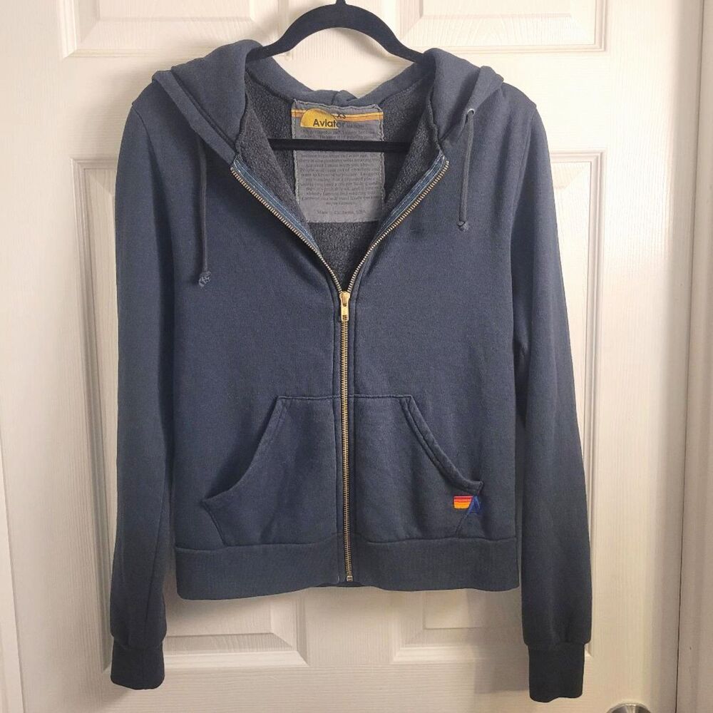 Aviator Nation XS Navy Zip Hoodie Lightning Bolt Graphic Made USA Retro Surf